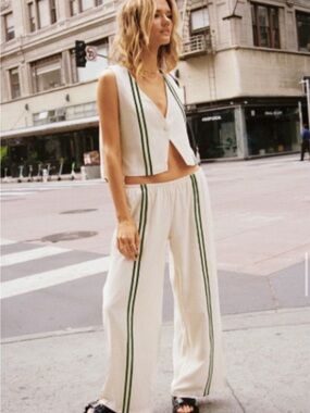 Prince Cream Wide-Leg Track Pants with Green Stripes